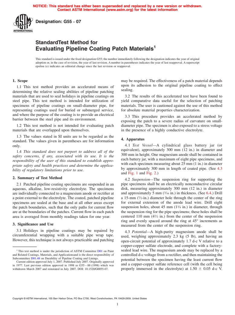 ASTM G55-07 - Standard Test Method for Evaluating Pipeline Coating Patch Materials