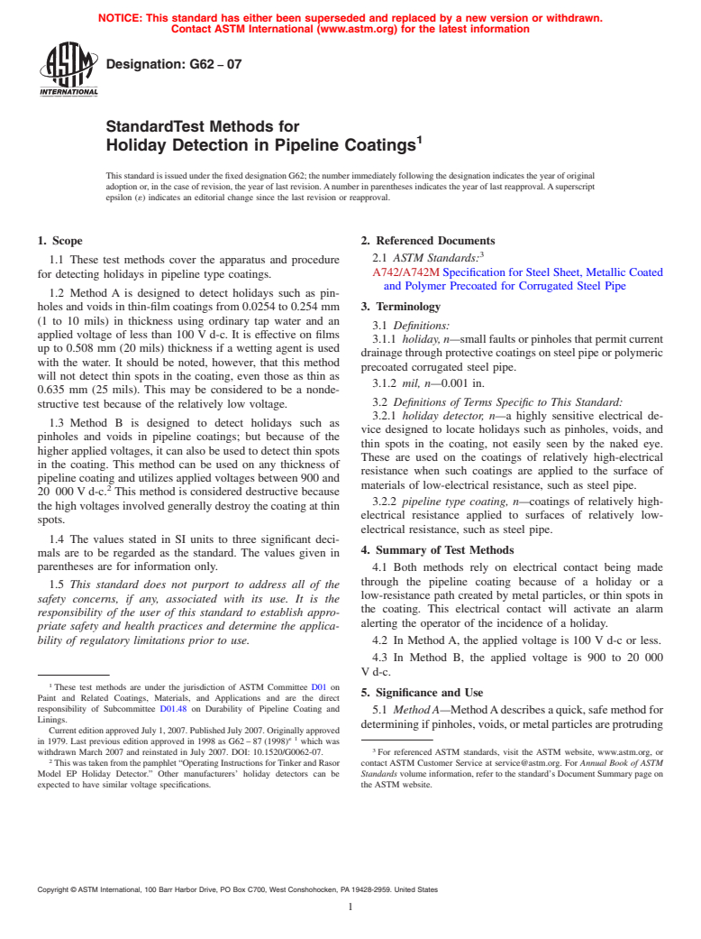 ASTM G62-07 - Standard Test Methods for Holiday Detection in Pipeline Coatings