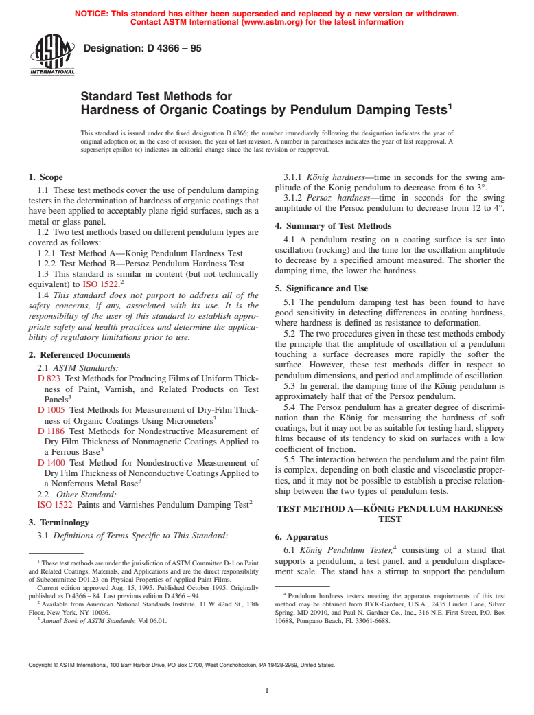 ASTM D4366-95 - Standard Test Methods for Hardness of Organic Coatings by Pendulum Damping Tests (Withdrawn 2003)