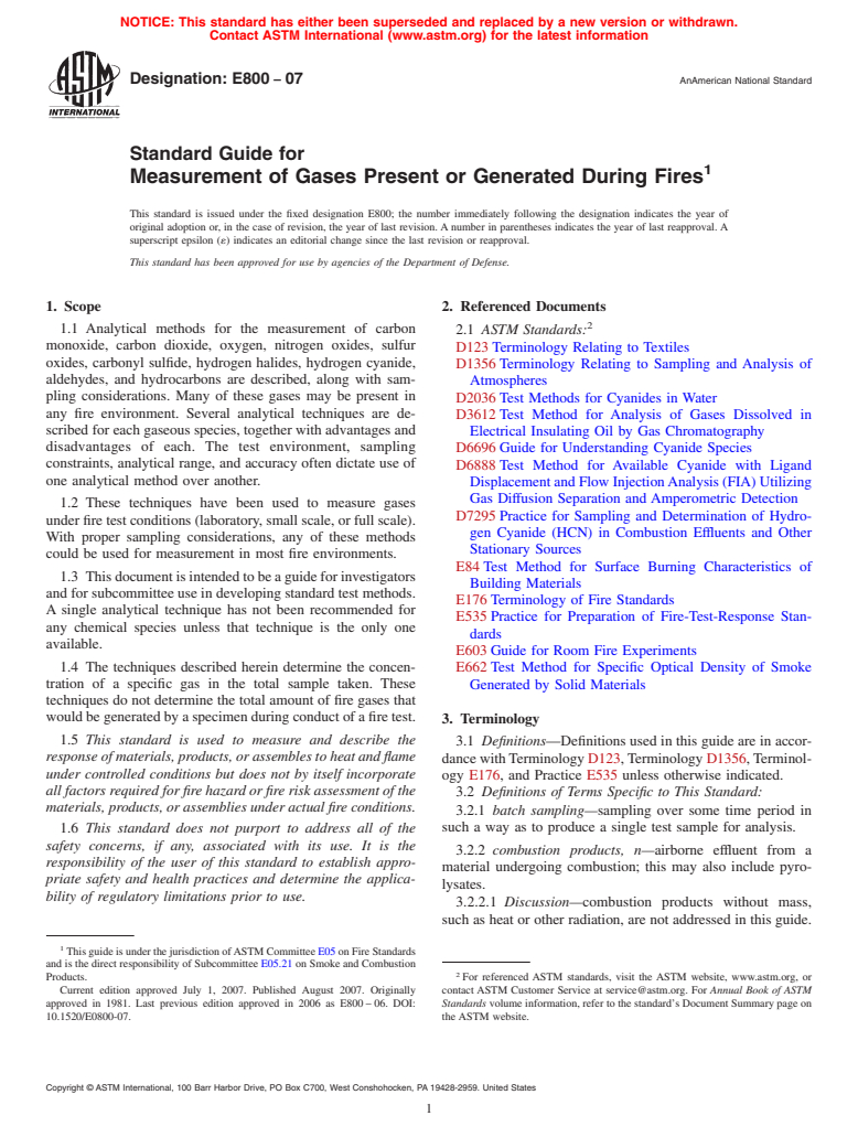 ASTM E800-07 - Standard Guide for Measurement of Gases Present or Generated During Fires