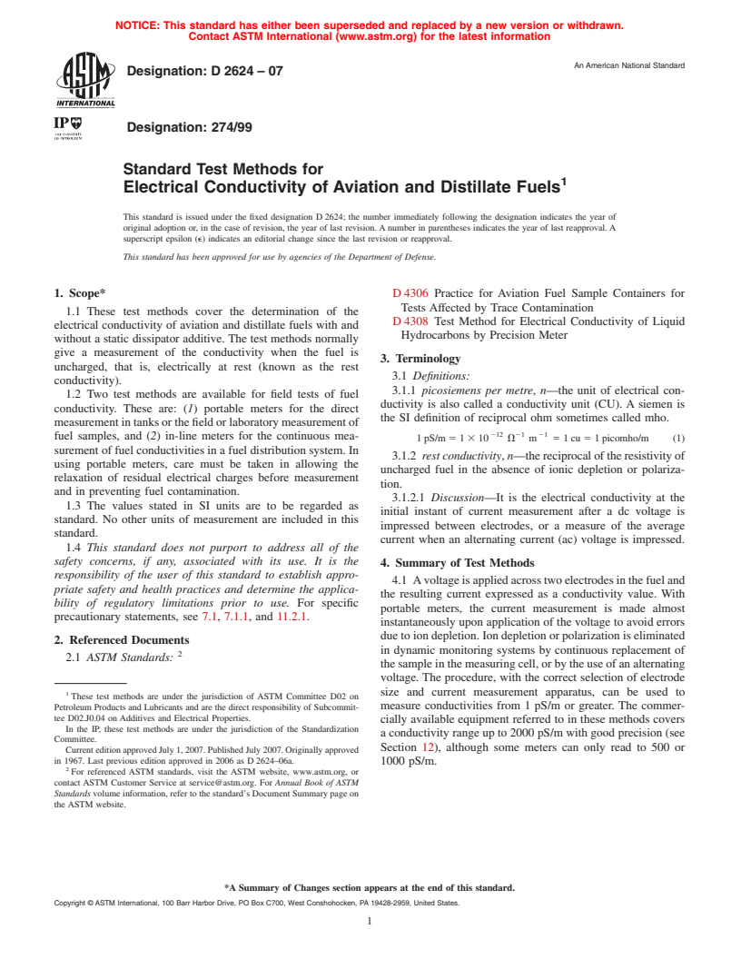 ASTM D2624-07 - Standard Test Methods for Electrical Conductivity of Aviation and Distillate Fuels