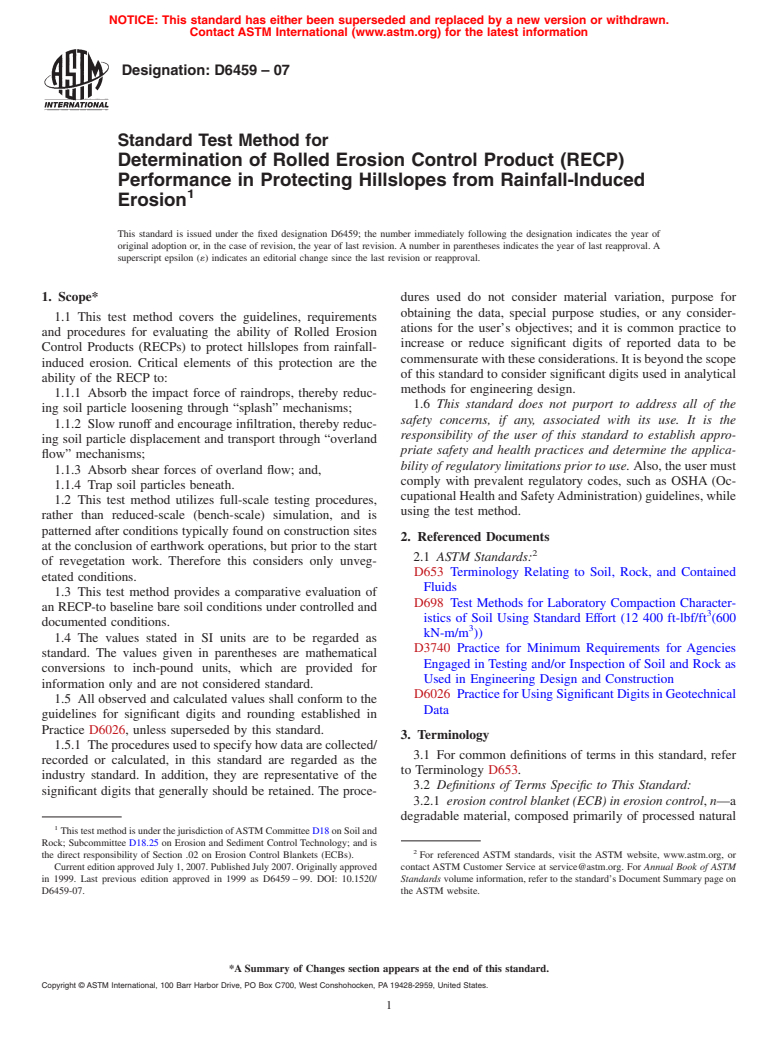 ASTM D6459-07 - Standard Test Method for Determination of Rolled Erosion Control Product (RECP) Performance in Protecting Hillslopes from Rainfall-Induced Erosion