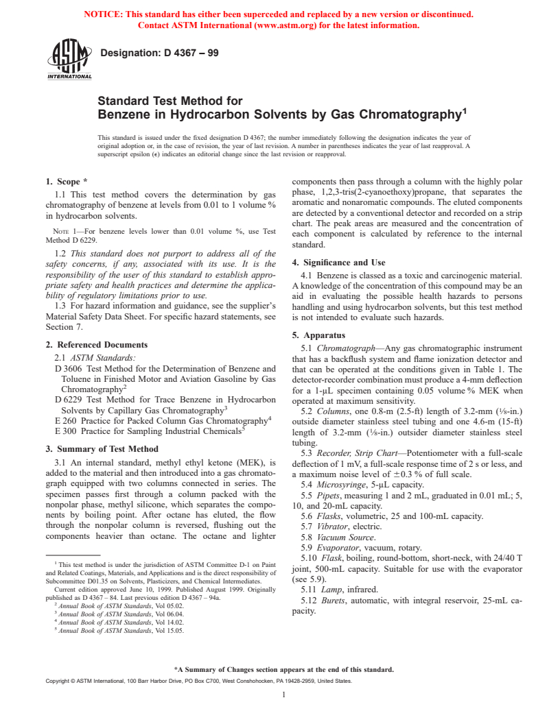 ASTM D4367-99 - Standard Test Method for Benzene in Hydrocarbon Solvents by Gas Chromatography