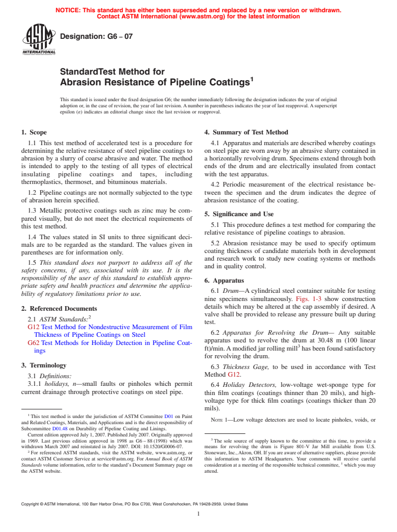 ASTM G6-07 - Standard Test Method for Abrasion Resistance of Pipeline Coatings