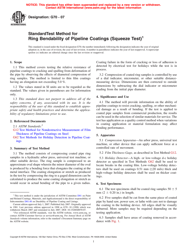 ASTM G70-07 - Standard Test Method for Ring Bendability of Pipeline Coatings (Squeeze Test) (Withdrawn 2013)