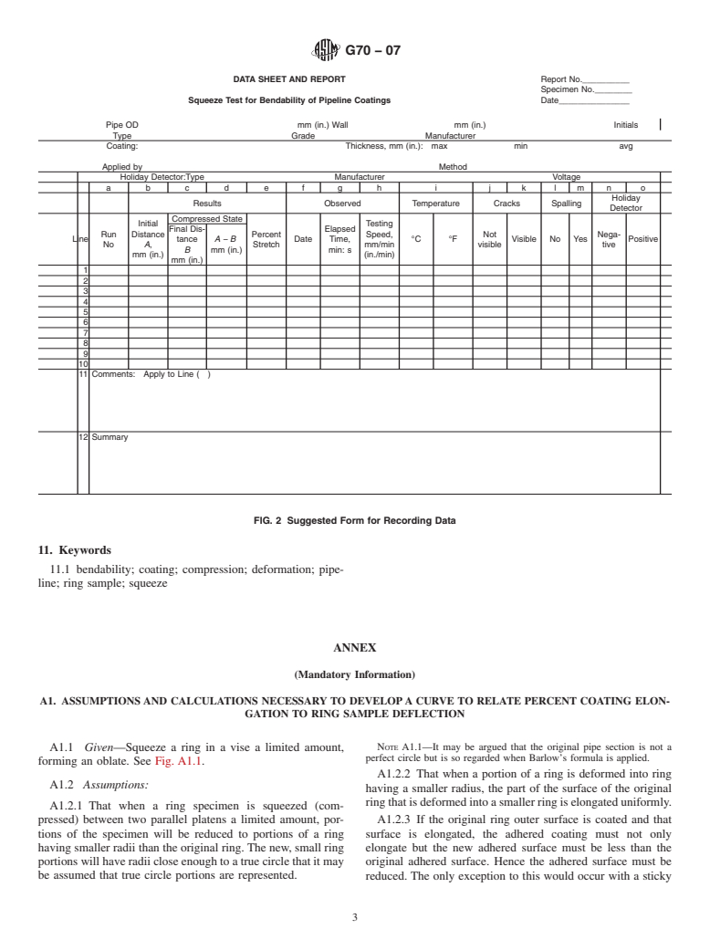 ASTM G70-07 - Standard Test Method for Ring Bendability of Pipeline Coatings (Squeeze Test) (Withdrawn 2013)