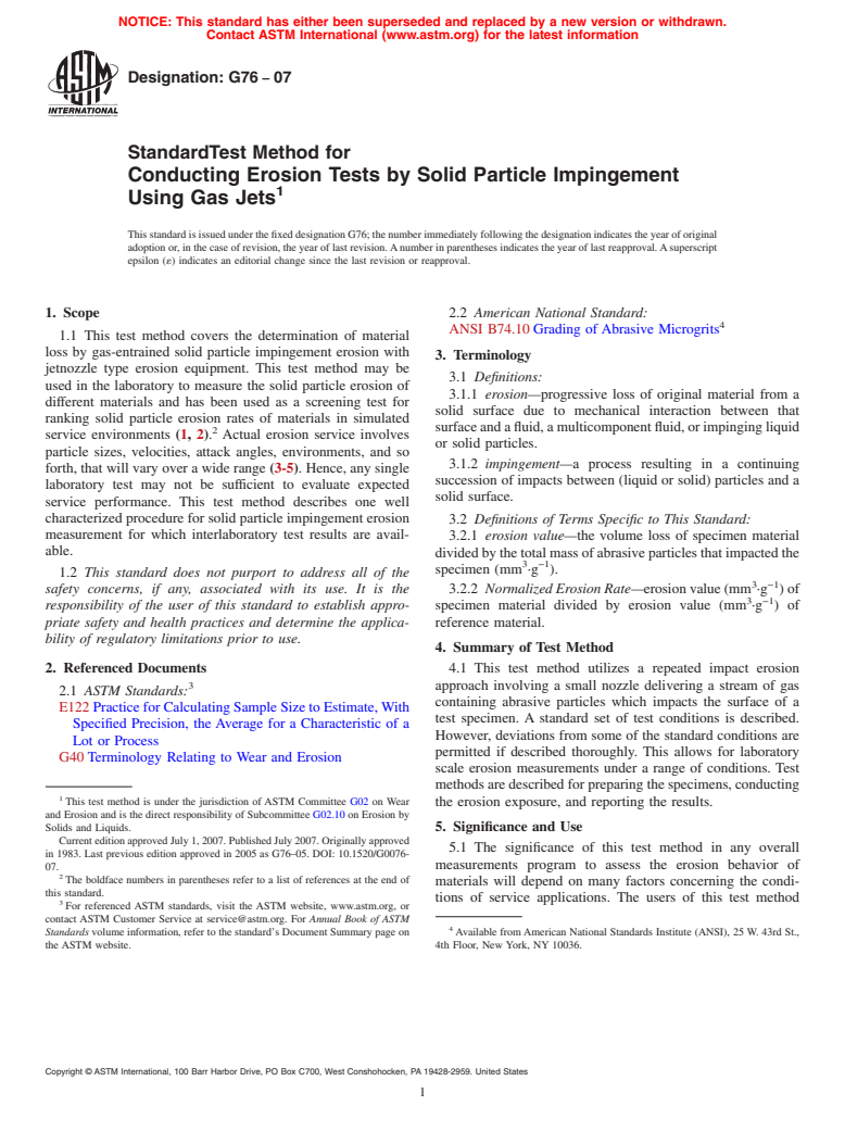 ASTM G76-07 - Standard Test Method for Conducting Erosion Tests by Solid Particle Impingement Using Gas Jets