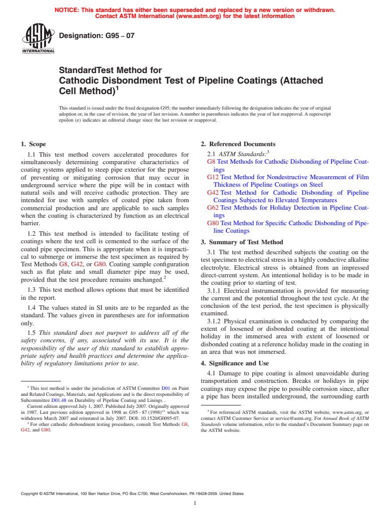 ASTM G95-07 - Standard Test Method for Cathodic Disbondment Test of Pipeline Coatings (Attached Cell Method)