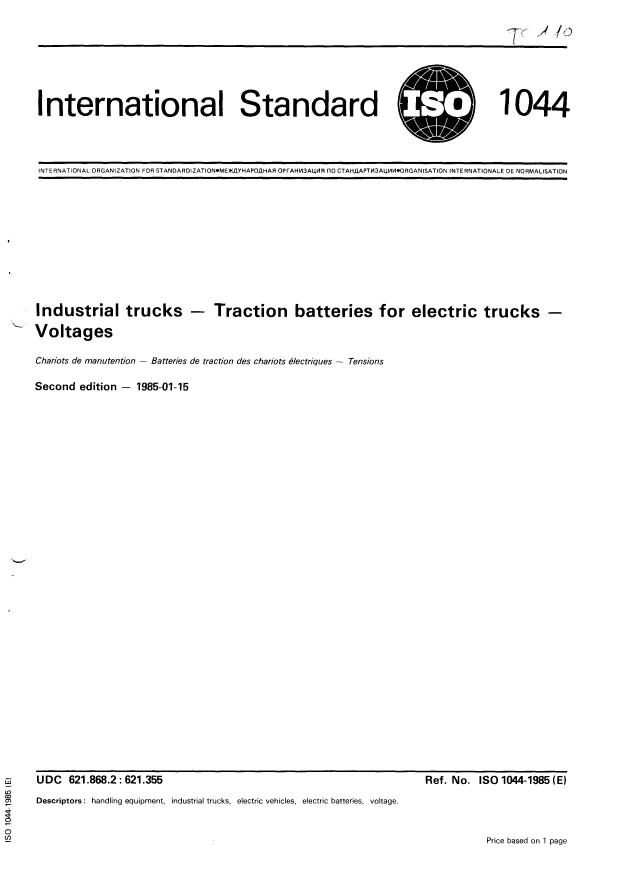 ISO 1044:1985 - Industrial trucks -- Traction batteries for electric trucks -- Voltages