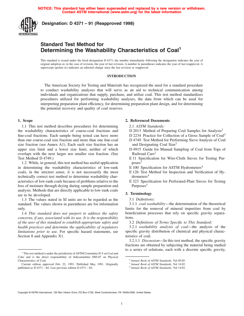 ASTM D4371-91(1998) - Standard Test Method for Determining the Washability Characteristics of Coal