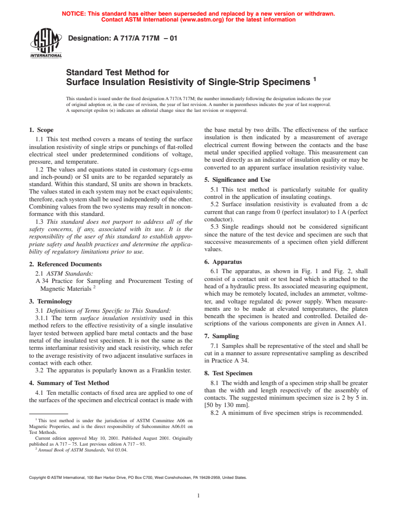 ASTM A717/A717M-01 - Standard Test Method for Surface Insulation Resistivity of Single-Strip Specimens