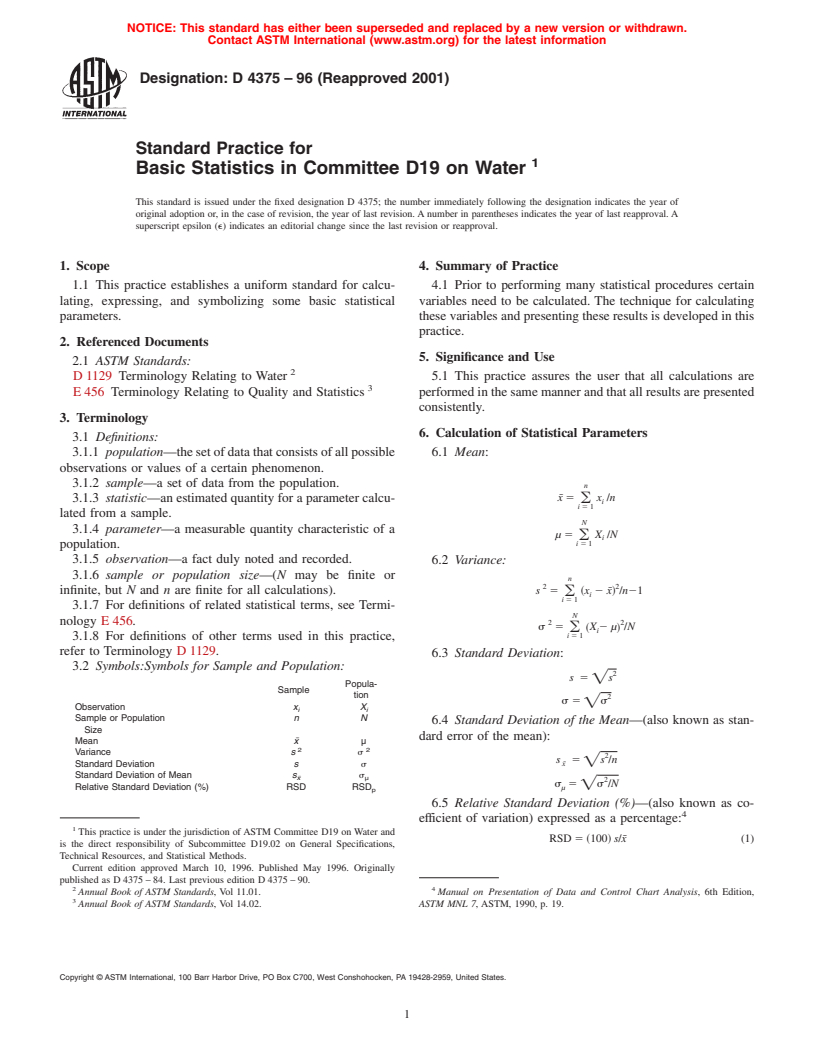 ASTM D4375-96(2001) - Standard Practice for Basic Statistics in Committee D-19 on Water