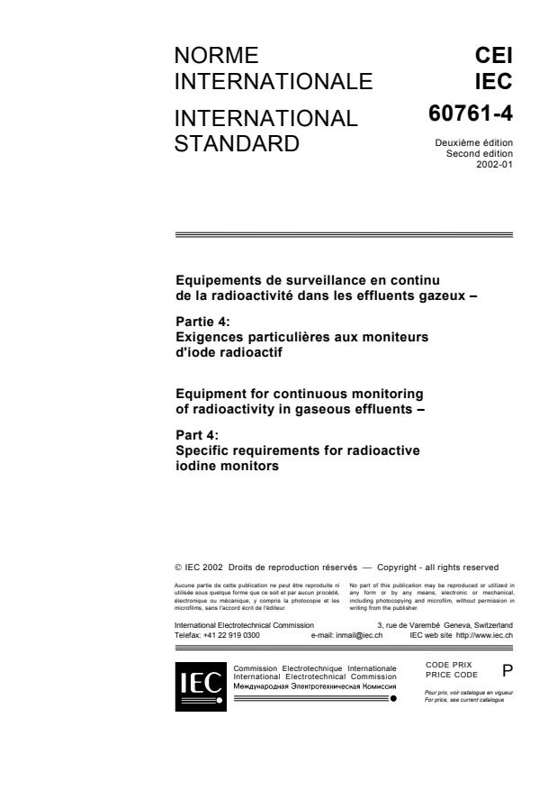 IEC 60761-4:2002 - Equipment for continuous monitoring of radioactivity in gaseous effluents - Part 4: Specific requirements for radioactive iodine monitors