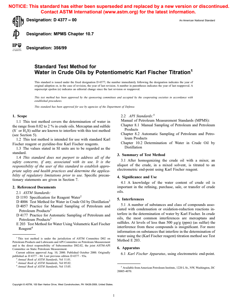 ASTM D4377-00 - Standard Test Method for Water in Crude Oils by Potentiometric Karl Fischer Titration