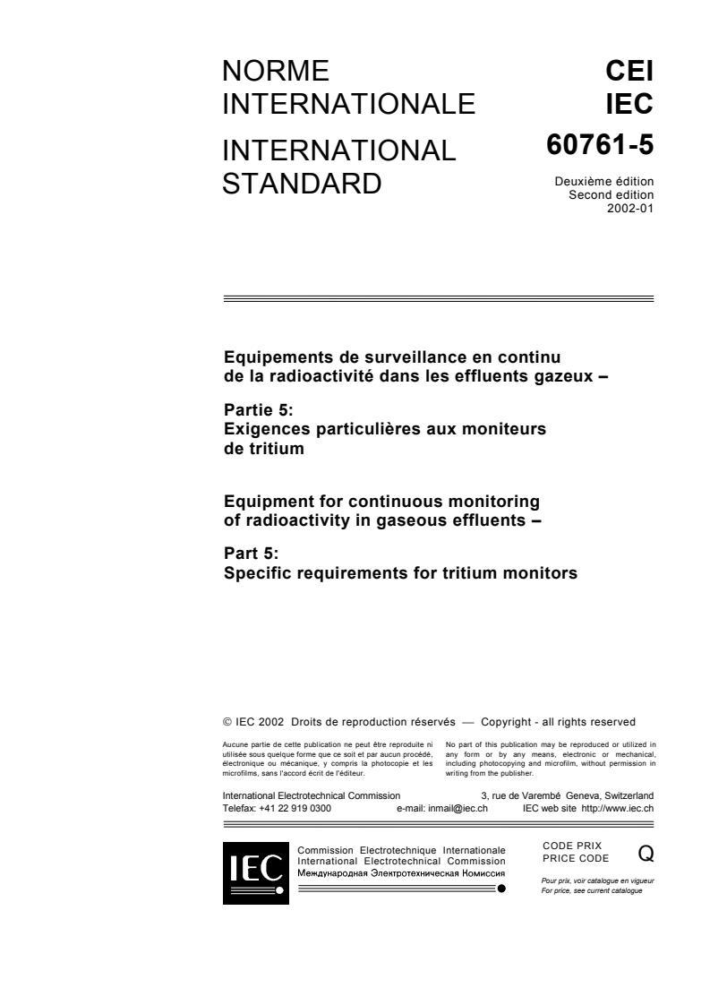 IEC 60761-5:2002 - Equipment for continuous monitoring of radioactivity in gaseous effluents - Part 5: Specific requirements for tritium monitors