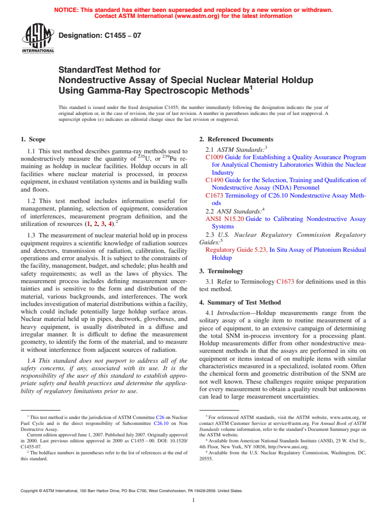 ASTM C1455-07 - Standard Test Method for Nondestructive Assay of Special Nuclear Material Holdup Using Gamma-Ray Spectroscopic Methods