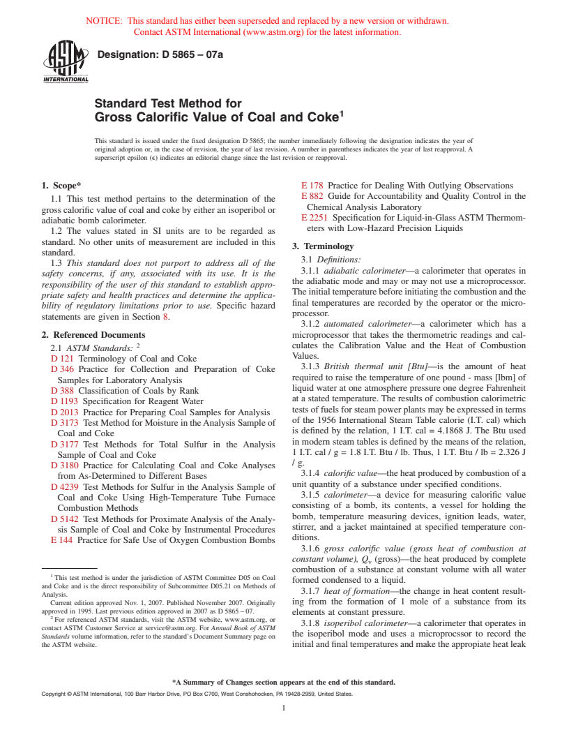 ASTM D5865-07 - Standard Test Method for Gross Calorific Value of Coal and Coke