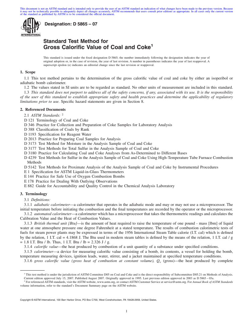 REDLINE ASTM D5865-07 - Standard Test Method for Gross Calorific Value of Coal and Coke