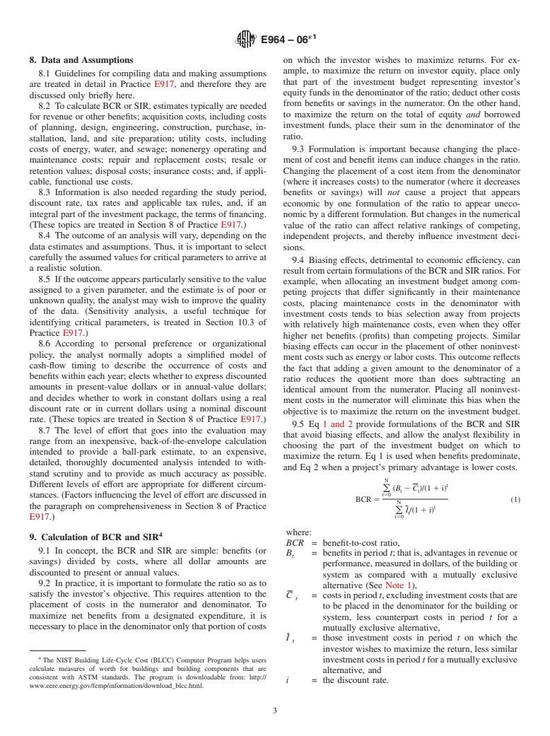 ASTM E964-06e1 - Standard Practice for Measuring Benefit-to-Cost and Savings-to-Investment Ratios for Buildings and Building Systems