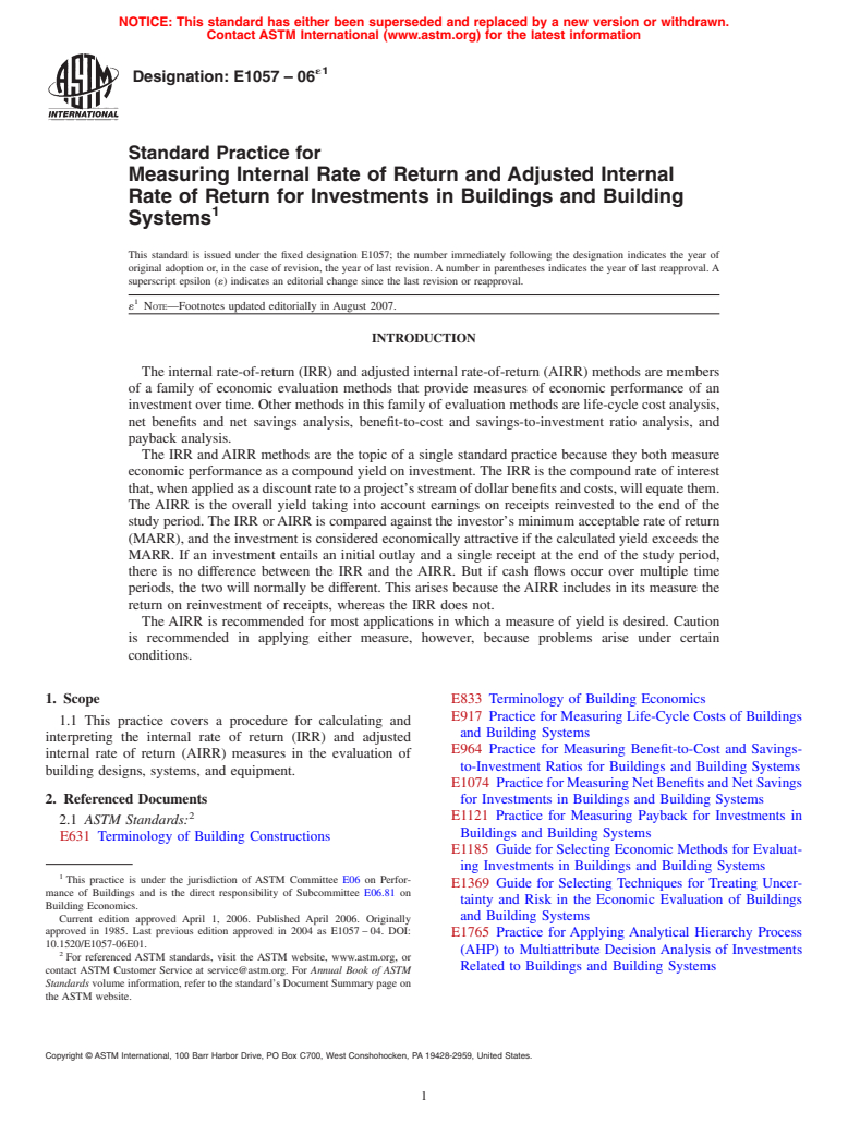 ASTM E1057-06e1 - Standard Practice for Measuring Internal Rate of Return and Adjusted Internal Rate of Return for Investments in Buildings and Building Systems