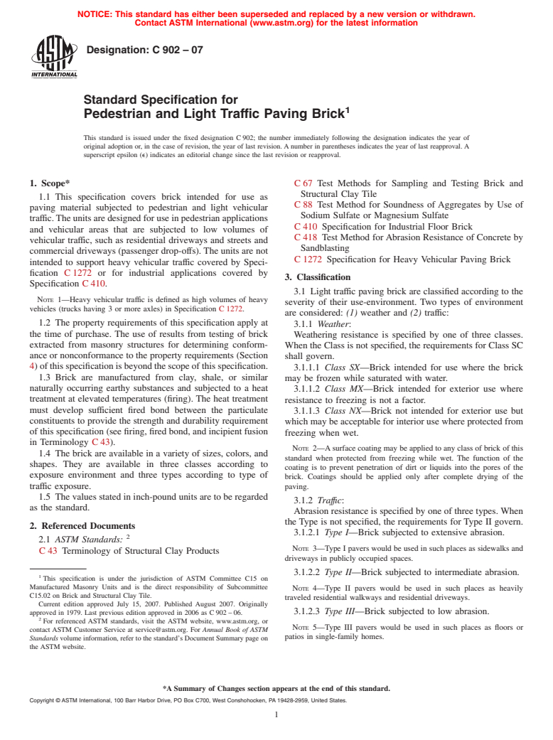 ASTM C902-07 - Standard Specification for Pedestrian and Light Traffic Paving Brick