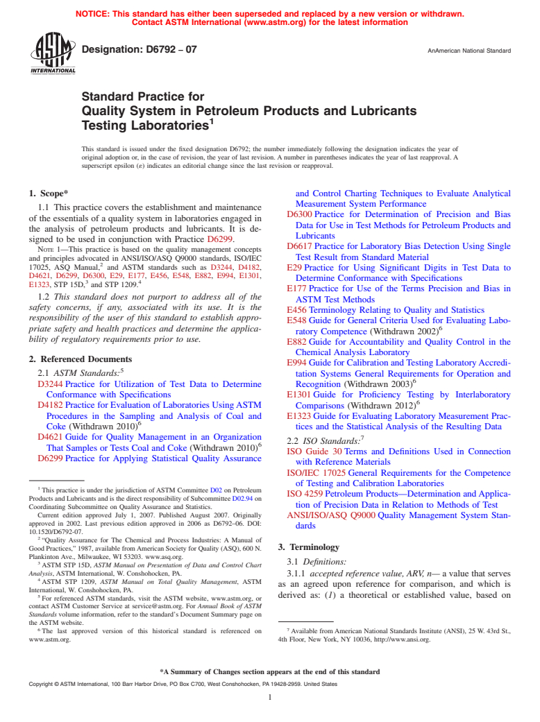 ASTM D6792-07 - Standard Practice for Quality System in Petroleum Products and Lubricants Testing Laboratories