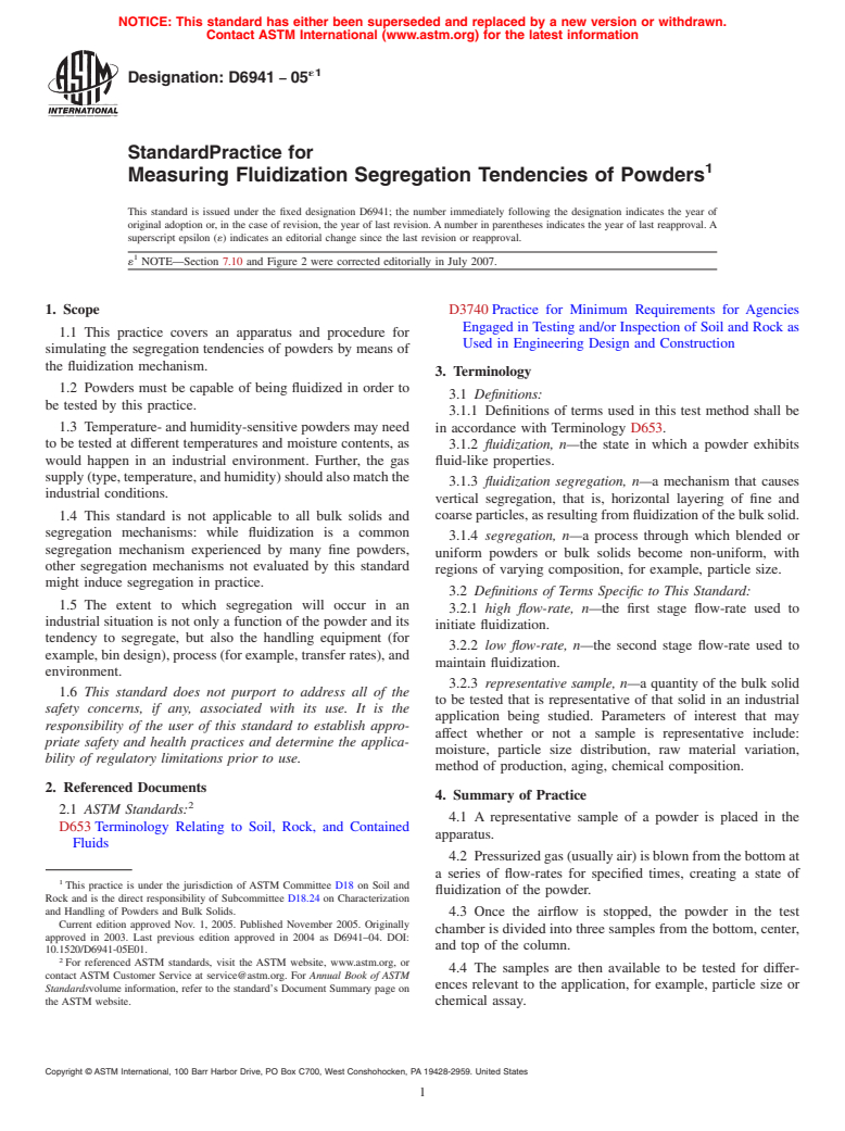 ASTM D6941-05e1 - Standard Practice for Measuring Fluidization Segregation Tendencies of Powders