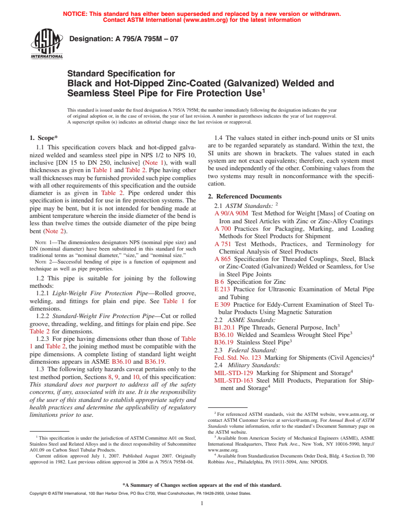 ASTM A795/A795M-07 - Standard Specification for Black and Hot-Dipped Zinc-Coated (Galvanized) Welded and Seamless Steel Pipe for Fire Protection Use