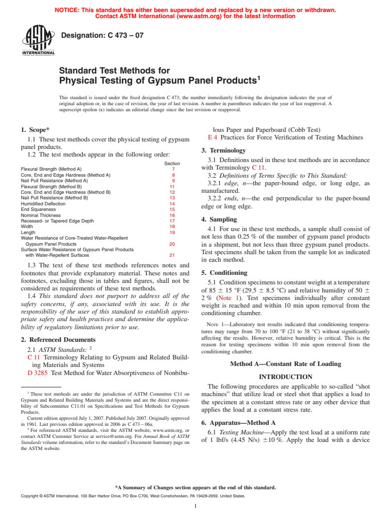 ASTM C473-07 - Standard Test Methods for Physical Testing of Gypsum Panel Products