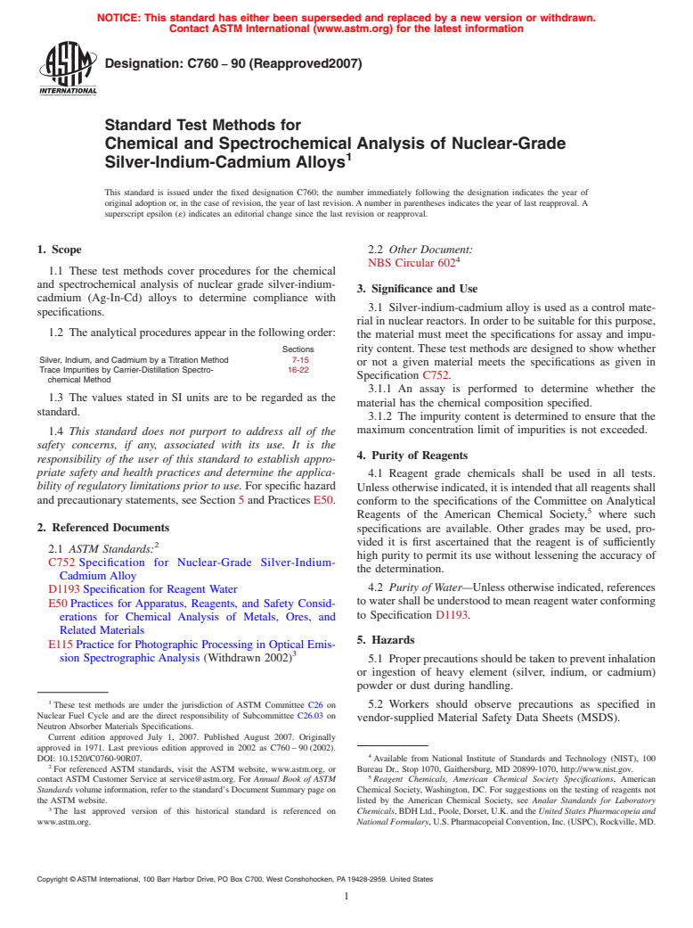 ASTM C760-90(2007) - Standard Test Methods for  Chemical and Spectrochemical Analysis of Nuclear-Grade Silver-Indium-Cadmium Alloys