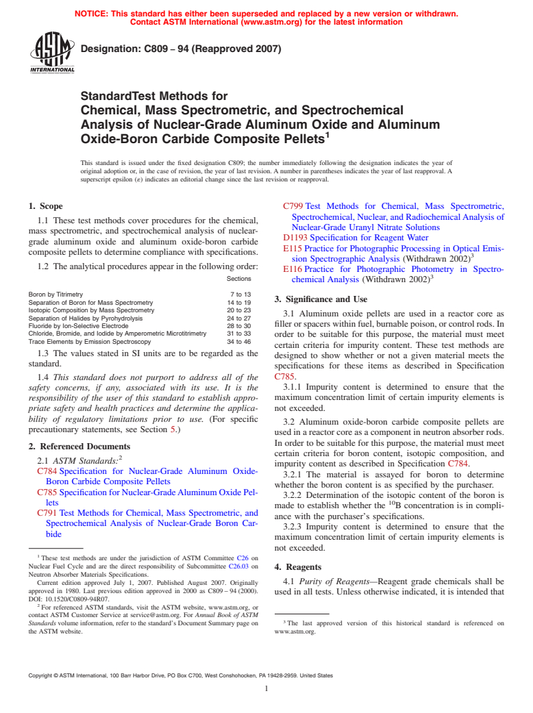 ASTM C809-94(2007) - Standard Test Methods for Chemical, Mass Spectrometric, and Spectrochemical Analysis of Nuclear-Grade Aluminum Oxide and Aluminum<br> Oxide-Boron Carbide Composite Pellets