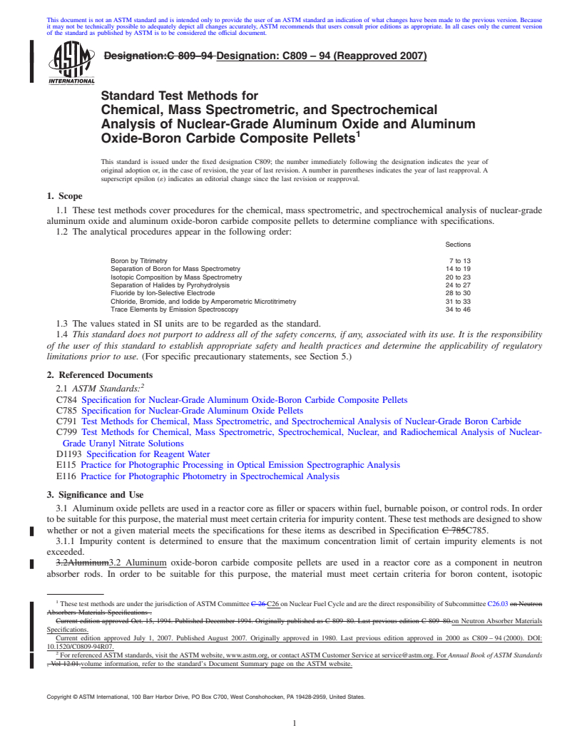 REDLINE ASTM C809-94(2007) - Standard Test Methods for Chemical, Mass Spectrometric, and Spectrochemical Analysis of Nuclear-Grade Aluminum Oxide and Aluminum<br> Oxide-Boron Carbide Composite Pellets