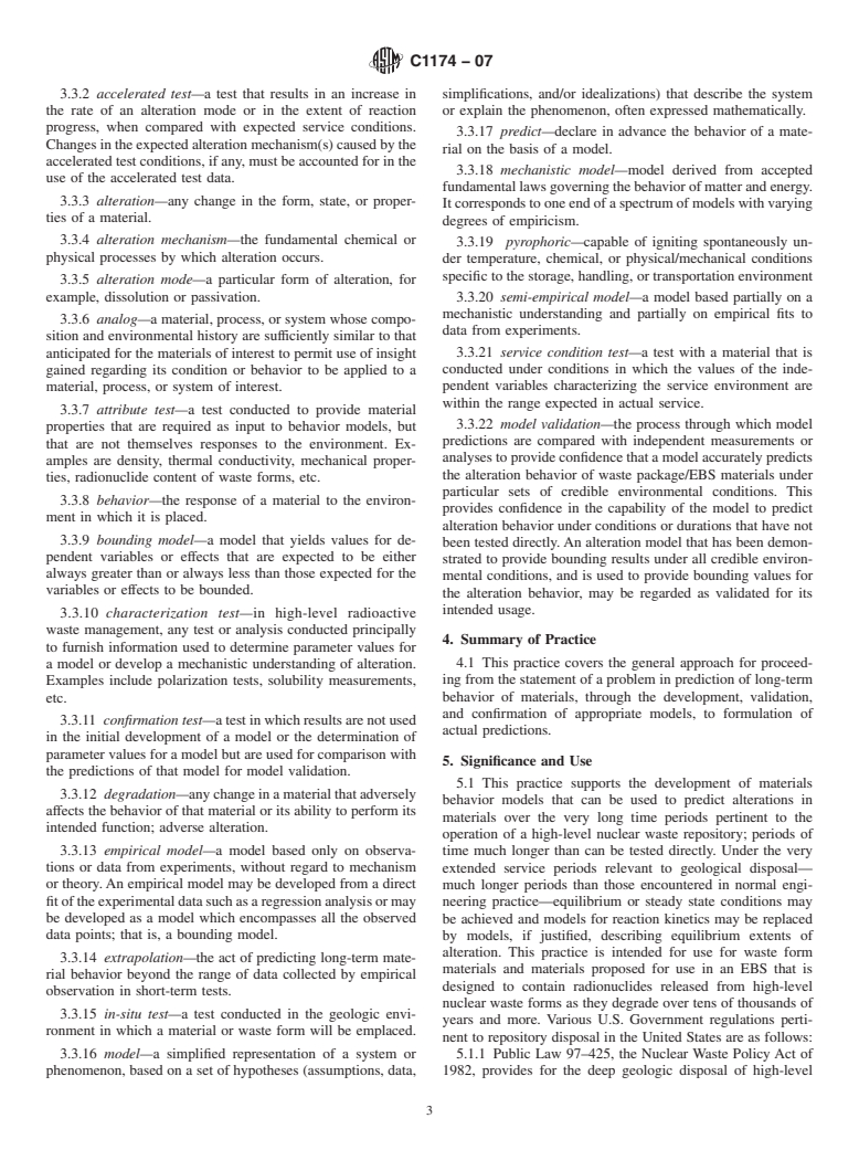 ASTM C1174-07 - Standard Practice for Prediction of the Long-Term Behavior of Materials, Including Waste Forms, Used in Engineered Barrier Systems (EBS) for Geological Disposal of High-Level Radioactive Waste