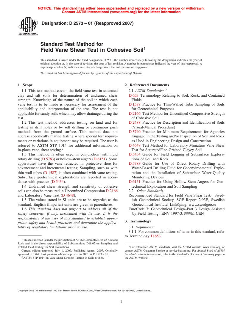 ASTM D2573-01(2007) - Standard Test Method for Field Vane Shear Test in Cohesive Soil