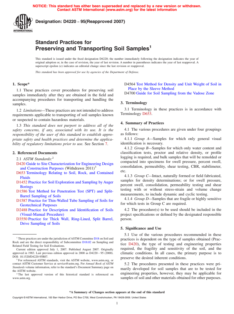 ASTM D4220-95(2007) - Standard Practices for Preserving and Transporting Soil Samples