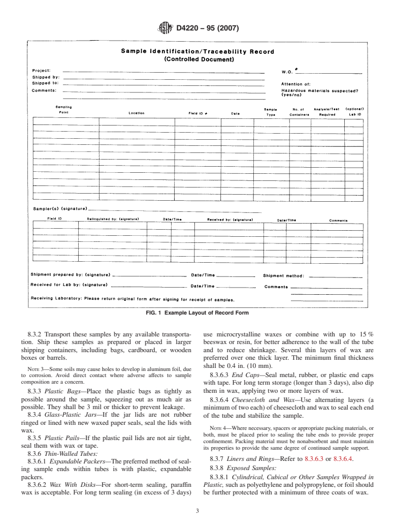 ASTM D4220-95(2007) - Standard Practices for Preserving and Transporting Soil Samples