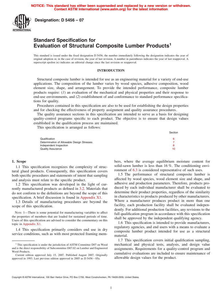 ASTM D5456-07 - Standard Specification for Evaluation of Structural Composite Lumber Products