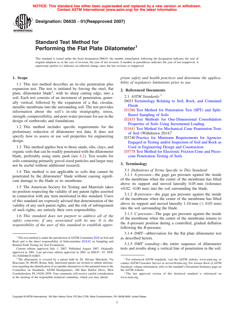 ASTM D6635-01(2007) - Standard Test Method for Performing the Flat Plate Dilatometer