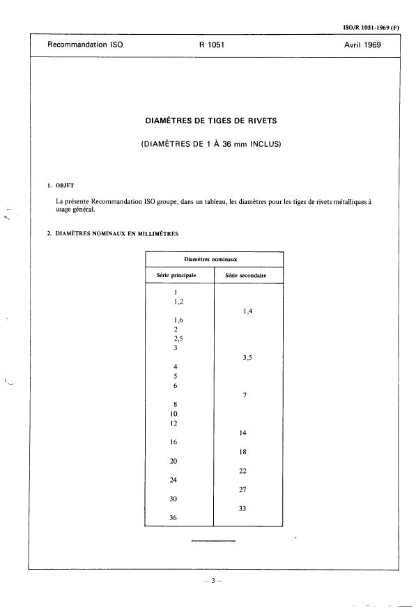 ISO/R 1051:1969 - Diametres de tiges de rivets (diametres de 1 a 36 mm inclus)