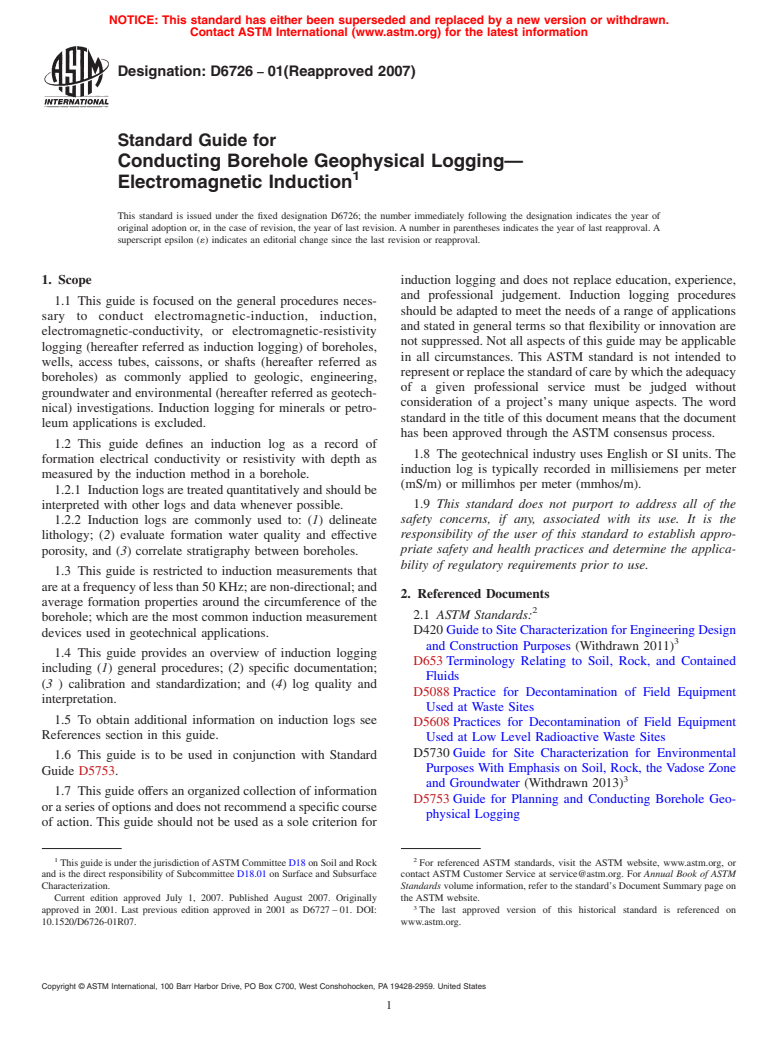 ASTM D6726-01(2007) - Standard Guide for Conducting Borehole Geophysical Logging<char: emdash>Electromagnetic Induction