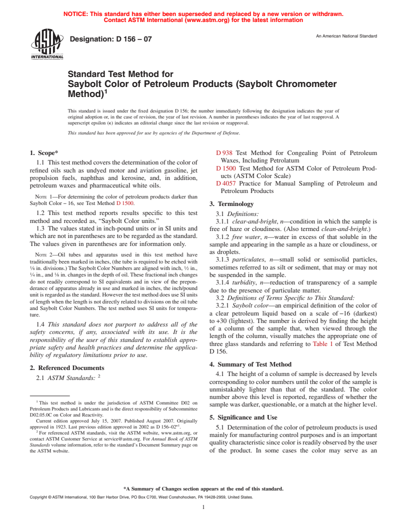 ASTM D156-07 - Standard Test Method for Saybolt Color of Petroleum Products (Saybolt Chromometer Method)