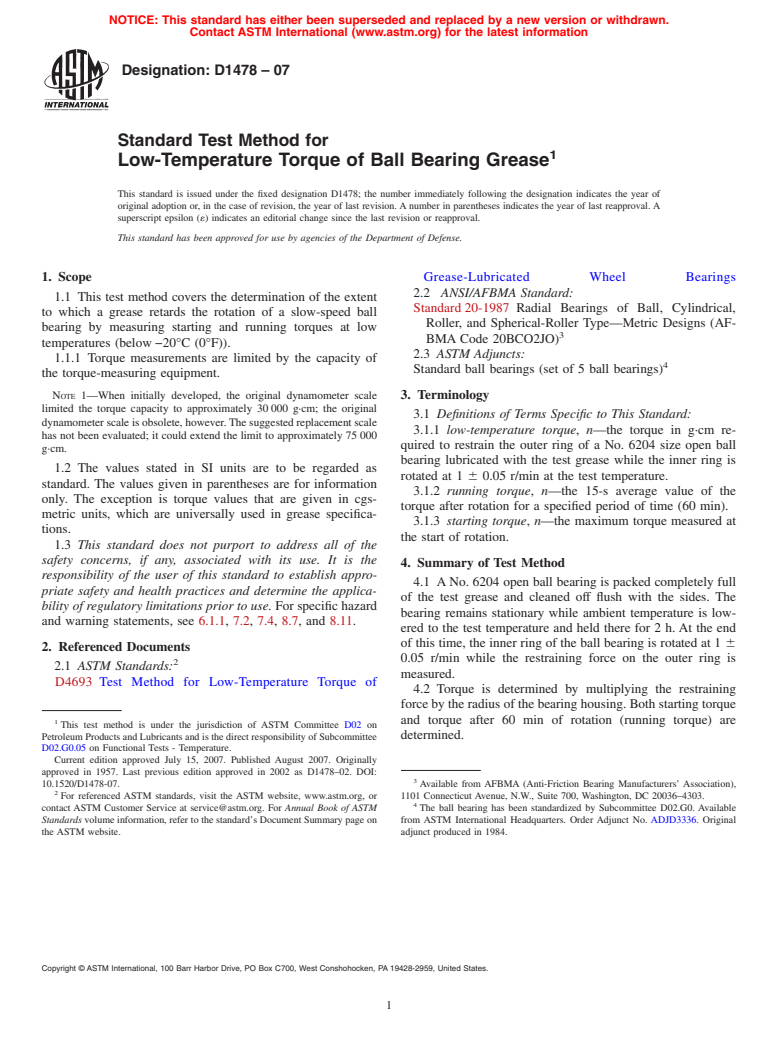 ASTM D1478-07 - Standard Test Method for Low-Temperature Torque of Ball Bearing Grease