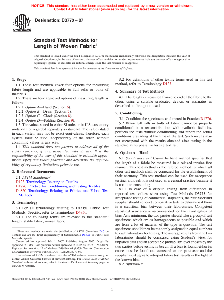 ASTM D3773-07 - Standard Test Methods for Length of Woven Fabric