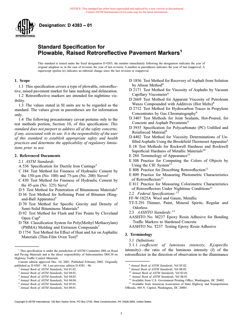 ASTM D4383-01 - Standard Specification for Plowable, Raised Retroreflective Pavement Markers