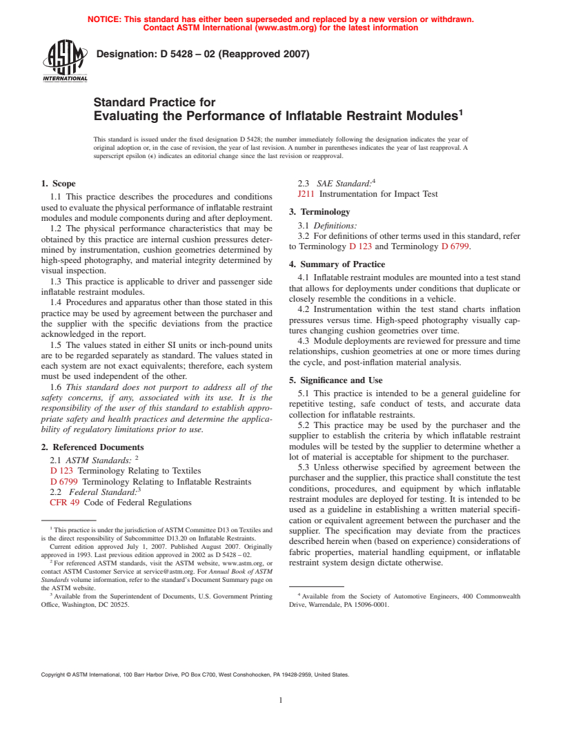 ASTM D5428-02(2007) - Standard Practice for Evaluating the Performance of Inflatable Restraint Modules