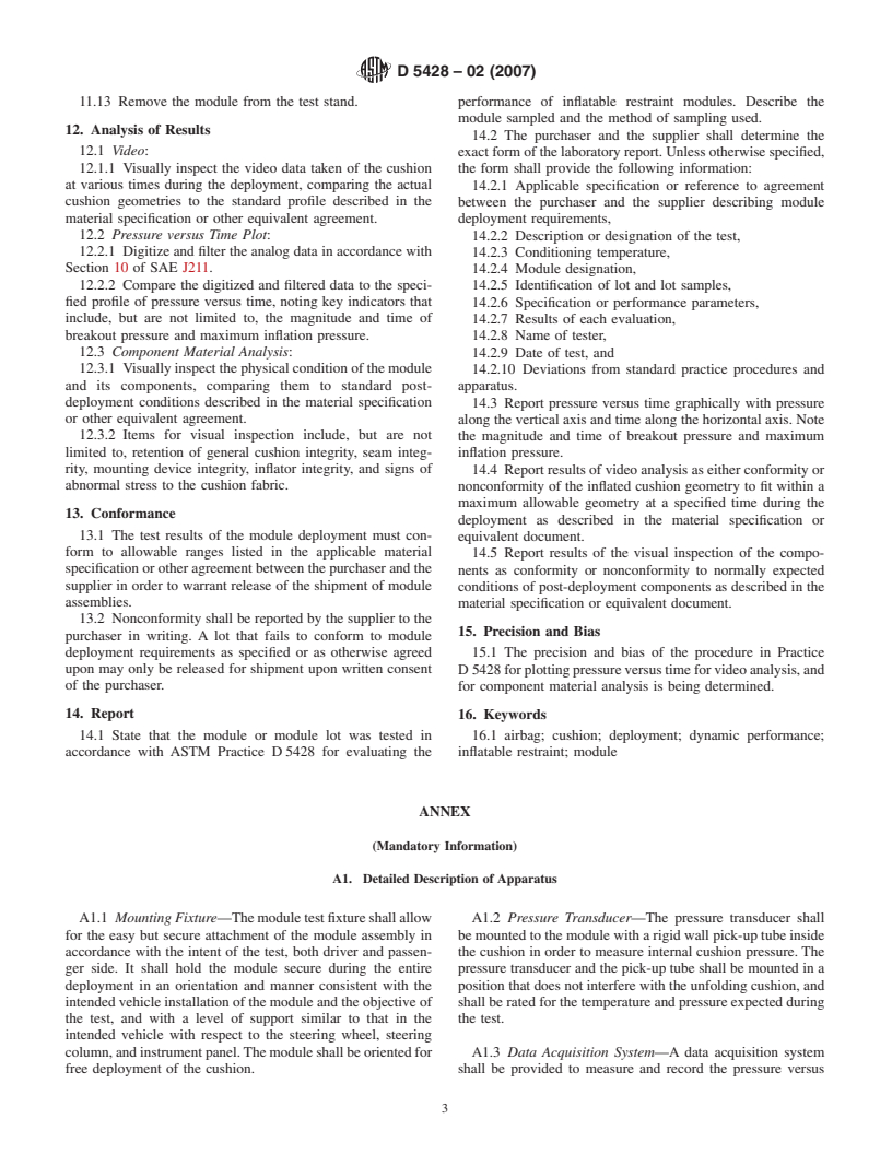 ASTM D5428-02(2007) - Standard Practice for Evaluating the Performance of Inflatable Restraint Modules