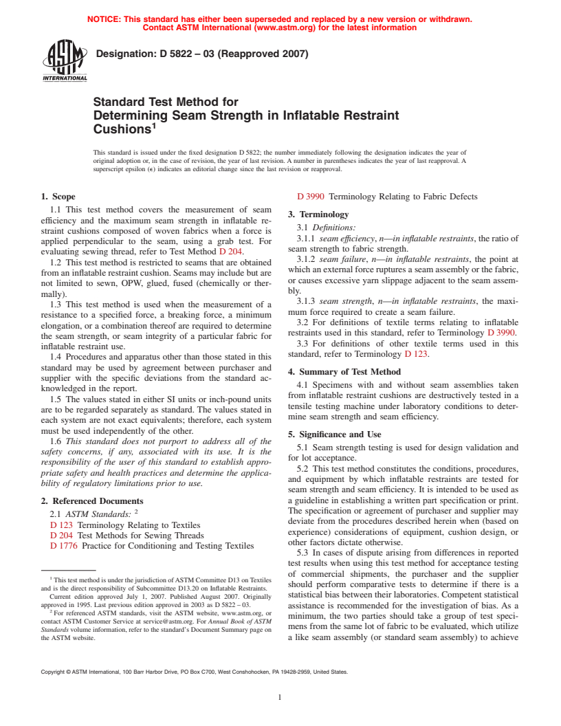 ASTM D5822-03(2007) - Standard Test Method for Determining Seam Strength in Inflatable Restraint Cushions