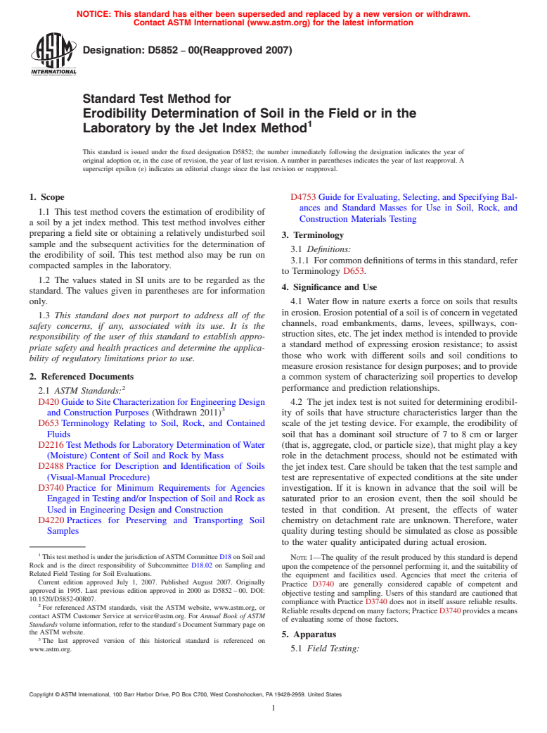 ASTM D5852-00(2007) - Standard Test Method for Erodibility Determination of Soil in the Field or in the Laboratory by the Jet Index Method