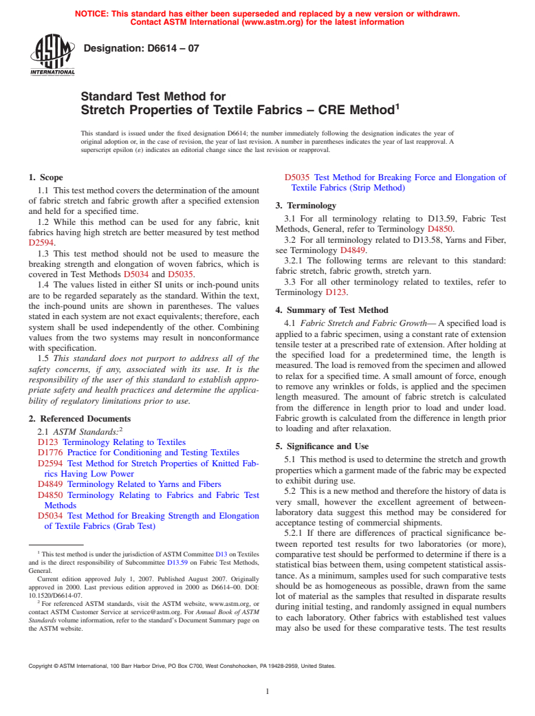 ASTM D6614-07 - Standard Test Method for Stretch Properties of Textile Fabrics - CRE Method