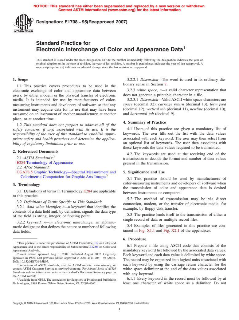 ASTM E1708-95(2007) - Standard Practice for Electronic Interchange of Color and Appearance Data